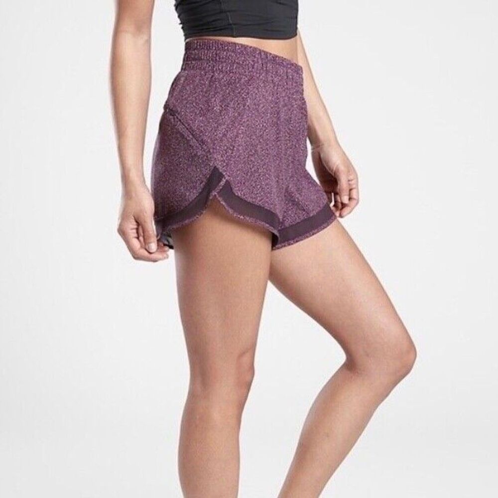 ATHLETA Purple Violet Static Printed Mesh Racer Run Shorts 4" Zip Pocket Small - Picture 3 of 11